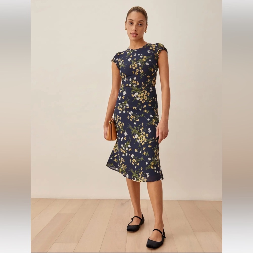 Reformation Navy Floral Midi Dress with Yellow & Green Accents